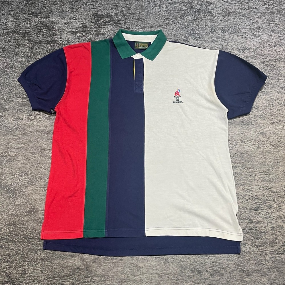Vintage Atlanta Olympics 1996 Polo Shirt‎ Striped Colorblock Mens XL Multi Color